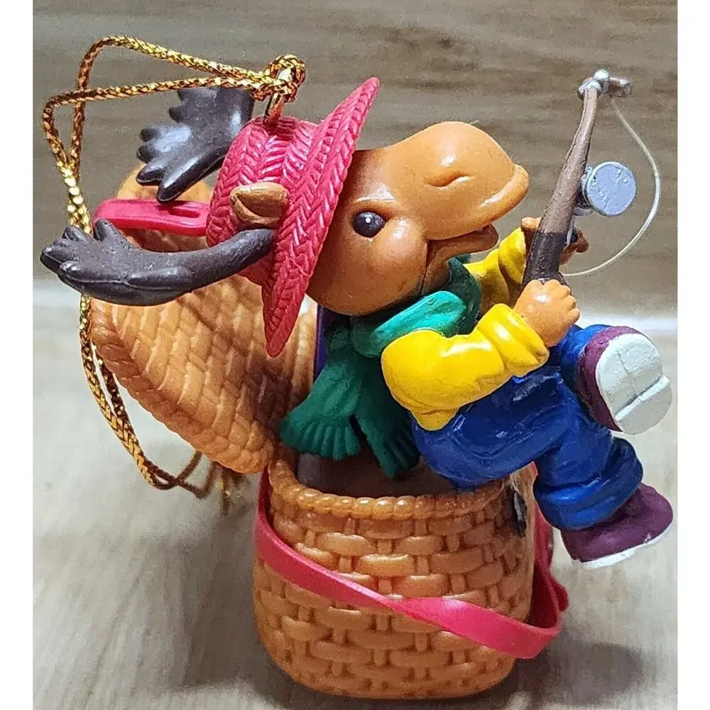 Trim A Home Moose Fishing With Creel Fish Reel Christmas Ornament Lustre Fame 95